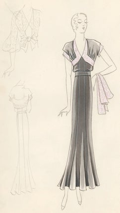 Pl. 1. Charcoal, seamed gown with kimono-style top accented by lavender, floral trim. Original Fashion Illustration.