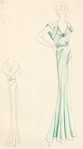 Pl. 17. Seafoam-green, cowl back gown with cut-out, caped sleeves and ...