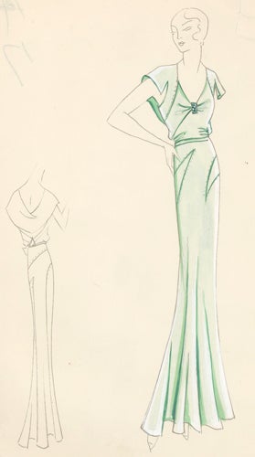 Item nr. 155857 Pl. 17. Seafoam-green, cowl back gown with cut-out, caped sleeves and jeweled pendant gathered at the bust. Original Fashion Illustration. Edyth Sparag.
