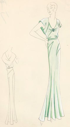 Pl. 17. Seafoam-green, cowl back gown with cut-out, caped sleeves and jeweled pendant gathered at the bust. Original Fashion Illustration.