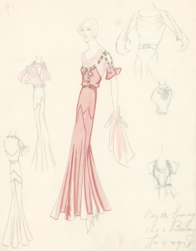 Item nr. 155858 Pl. 19. Maroon and pink gown with black-and-white bow detail and ruffled, tie sleeves. Original Fashion Illustration. Edyth Sparag.