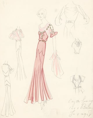 Pl. 19. Maroon and pink gown with black-and-white bow detail and ruffled, tie sleeves. Original Fashion Illustration.