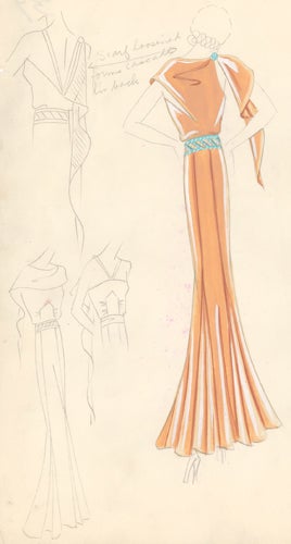 Item nr. 155859 Pl. 39. Sienna, empire-waisted gown with convertible scarf to form cascading low back, accented with turquoise details. Original Fashion Illustration. Edyth Sparag.