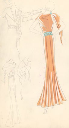 Pl. 39. Sienna, empire-waisted gown with convertible scarf to form cascading low back, accented with turquoise details. Original Fashion Illustration.