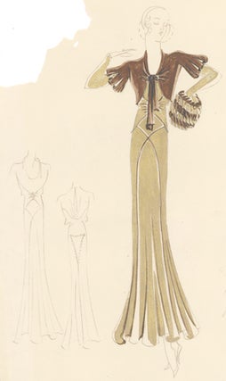 Item nr. 155860 Pl. 17. Long-sleeved, gold lamé gown, accented by a cowel neck and draped back,...