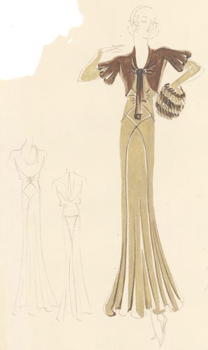 Item nr. 155860 Pl. 17. Long-sleeved, gold lamé gown, accented by a cowel neck and draped back, with brown, velvet jacket and striped muff. Original Fashion Illustration. Edyth Sparag.