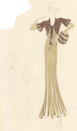 Pl. 17. Long-sleeved, gold lamé gown, accented by a cowel neck and draped back, with brown, velvet jacket and striped muff. Original Fashion Illustration.