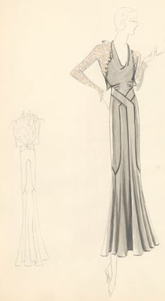 Item nr. 155861 Pl. 20. Cowl-neck, silver gown with halter-tie and long, floral sleeves. Original...