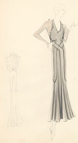 Item nr. 155861 Pl. 20. Cowl-neck, silver gown with halter-tie and long, floral sleeves. Original Fashion Illustration. Edyth Sparag.