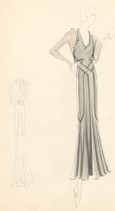 Pl. 20. Cowl-neck, silver gown with halter-tie and long, floral sleeves. Original Fashion Illustration.
