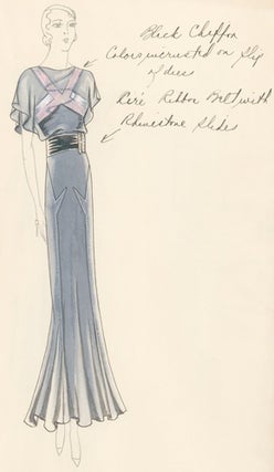 Item nr. 155863 Pl. 2. Black [steel blue], chiffon gown draped over slip with light pink,...