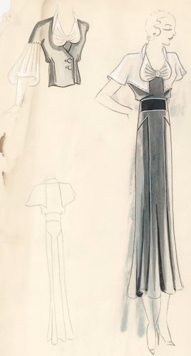 Item nr. 155864 Pl. 6. Charcoal, black and white, pleated gown with bow collar and caped, short sleeves, and fitted, two-button jacket with long, puffed sleeves. Original Fashion Illustration. Edyth Sparag.