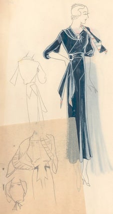 Item nr. 155866 Pl. 4. Navy blue, ring waist gown with long, puffed sleeves and draped, scarf top...