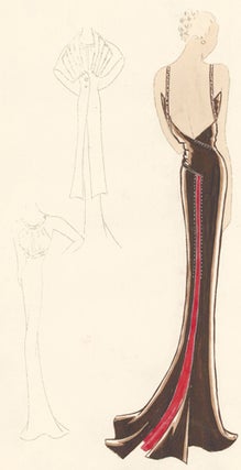 Pl. 24. Chestnut-colored, empire-waist gown with burgundy train, and a long, fur-collared coat. Original Fashion Illustration.