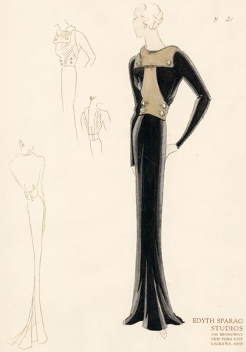 Item nr. 155881 Pl. 21. Black, long-sleeved gown with metallic yoke and jeweled buttons. Original Fashion Illustration. Edyth Sparag.