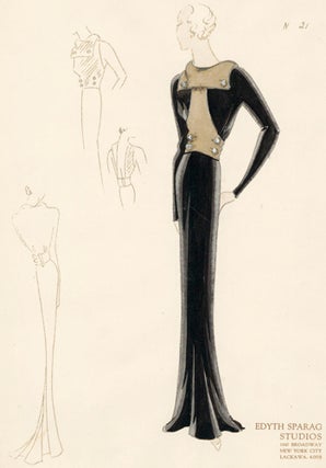 Pl. 21. Black, long-sleeved gown with metallic yoke and jeweled buttons. Original Fashion Illustration.