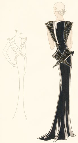 Item nr. 155883 Pl. 25. Black, deep cowl-necked gown with padded, structured shoulders and voluminous top. Original Fashion Illustration. Edyth Sparag.