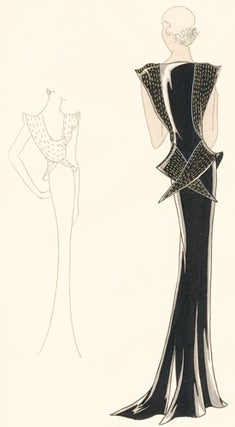Pl. 25. Black, deep cowl-necked gown with padded, structured shoulders and voluminous top. Original Fashion Illustration.