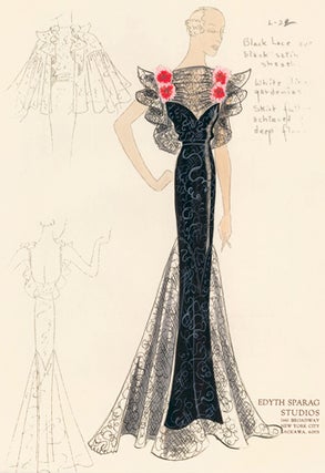 Item nr. 155884 Pl. 22. Black, ruffled lace gown with a sweetheart satin sheath and white...