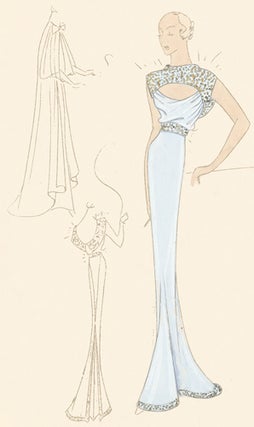 Pl. 23. Powder blue, draped gown with beaded details and a collared back, accented with a front cut-out, and a flowy cape. Original Fashion Illustration.