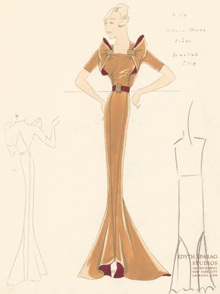 Pl. 23. Sienna, crepe dinner dress with burgundy accents and front bow with jeweled clip details. Original Fashion Illustration.
