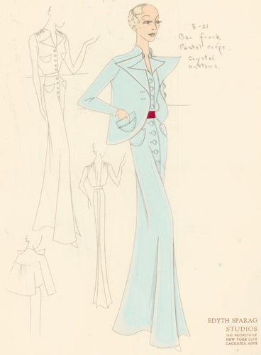 Item nr. 155890 Pl. 21. Powder blue crepe, button-up "bar frock" with four pockets and a deep-cut back, and a draped lapel jacket. Original Fashion Illustration. Edyth Sparag.