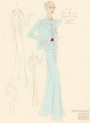 Pl. 21. Powder blue crepe, button-up "bar frock" with four pockets and a deep-cut back, and a draped lapel jacket. Original Fashion Illustration.
