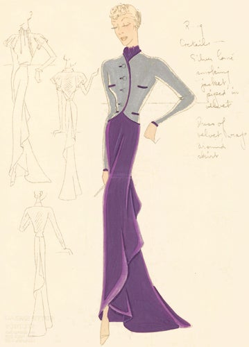 Item nr. 155892 Pl. 19. Purple velvet gown with tie neck and wrap-around skirt, and a silver lamé smoking jacket with velvet piping. Original Fashion Illustration. Edyth Sparag.