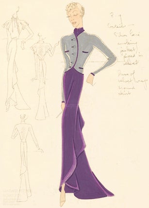 Pl. 19. Purple velvet gown with tie neck and wrap-around skirt, and a silver lamé smoking jacket with velvet piping. Original Fashion Illustration.