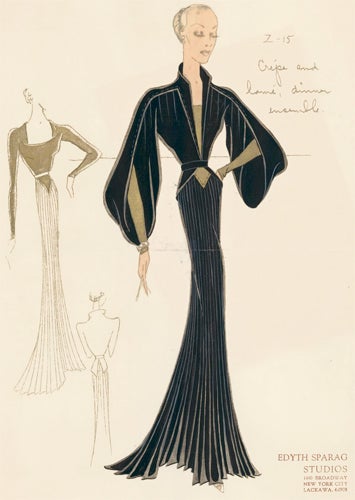 Item nr. 155893 Pl. 15. Dinner gown with black crepe, pleated skirt and gold lamé cowl-neck top, and a kimono-sleeved dress jacket. Original Fashion Illustration. Edyth Sparag.