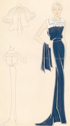 Item nr. 155904 Pl. 20. Navy crepe gown with white, smocked yoke and pique collar, and a...