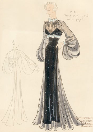 Item nr. 155908 Pl. 21. Dotted, black chiffon gown with long, puffed sleeves and white piqué bow details. Original Fashion Illustration. Edyth Sparag.