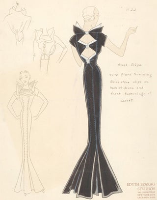 Pl. 22. Black crepe gown with cut-out diamond back and ruffled, high collar, and long-sleeved bolero jacket. Original Fashion Illustration.