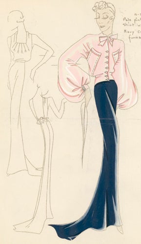 Item nr. 155910 Pl. 21. Navy, crepe gown with pleated yoke, and a pale pink, shirt-waist jacket. Original Fashion Illustration. Edyth Sparag.