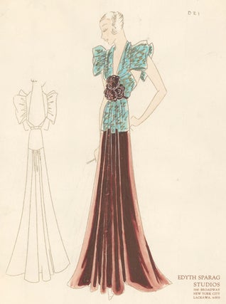 Item nr. 155912 Pl. 21. Patterned turquoise and bronze halter gown with ruffled butterfy sleeves...