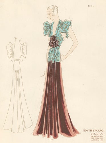 Item nr. 155912 Pl. 21. Patterned turquoise and bronze halter gown with ruffled butterfy sleeves and flower detail. Original Fashion Illustration. Edyth Sparag.
