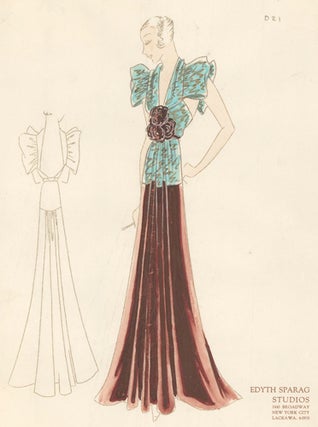 Pl. 21. Patterned turquoise and bronze halter gown with ruffled butterfy sleeves and flower detail. Original Fashion Illustration.