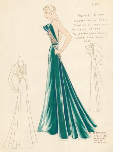 Item nr. 155916 Pl. 27. Peacock green gown with caped top, full skirt, and paillette bodice and straps. Original Fashion Illustration. Edyth Sparag.