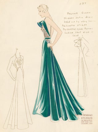 Pl. 27. Peacock green gown with caped top, full skirt, and paillette bodice and straps. Original Fashion Illustration.