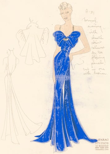 Item nr. 155942 Pl. 21. Royal blue evening gown with gathered bow top and gold details, and a draped dress jacket with puffed sleeves. Original Fashion Illustration. Edyth Sparag.