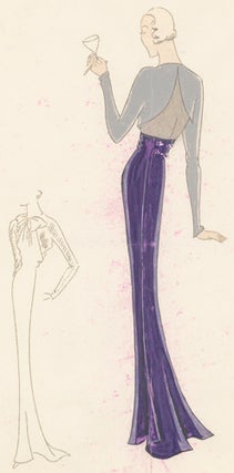 Item nr. 155947 Pl. 17. Eggplant gown with silver, long sleeves and scalloped, cut-out back, and...