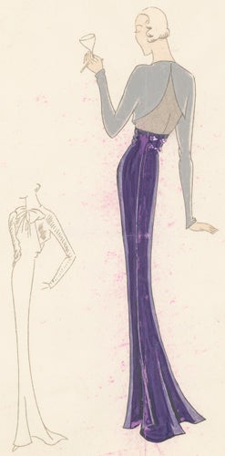 Item nr. 155947 Pl. 17. Eggplant gown with silver, long sleeves and scalloped, cut-out back, and a bolero jacket with a bow. Original Fashion Illustration. Edyth Sparag.