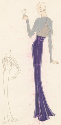 Pl. 17. Eggplant gown with silver, long sleeves and scalloped, cut-out back, and a bolero jacket with a bow. Original Fashion Illustration.
