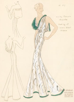 Item nr. 155948 Pl. 27. White taffeta brocade gown with cowl neck, trimmed with pleated green...