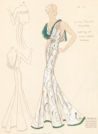 Pl. 27. White taffeta brocade gown with cowl neck, trimmed with pleated green velvet ribbon. Original Fashion Illustration.