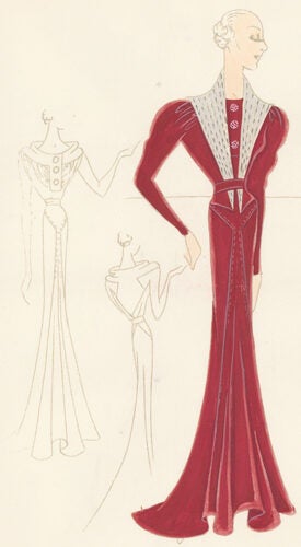Pl. 16. Red crepe gown with long, puffed sleeves, accented with a ...
