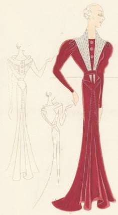 Item nr. 155950 Pl. 16. Red crepe gown with long, puffed sleeves, accented with a stitched,...