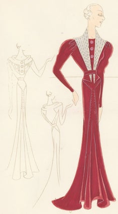 Pl. 16. Red crepe gown with long, puffed sleeves, accented with a stitched, graphite lamé collar and embelleshed, rose buttons. Original Fashion Illustration.