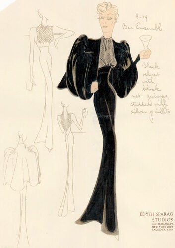 Pl. 19. Black velvet Bar Ensemble gown with ascot neck and studded ...