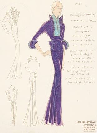 Item nr. 155953 Pl. 24. Purple and blue, tulip moiré jacket with ruched sides and pleated sleeve...